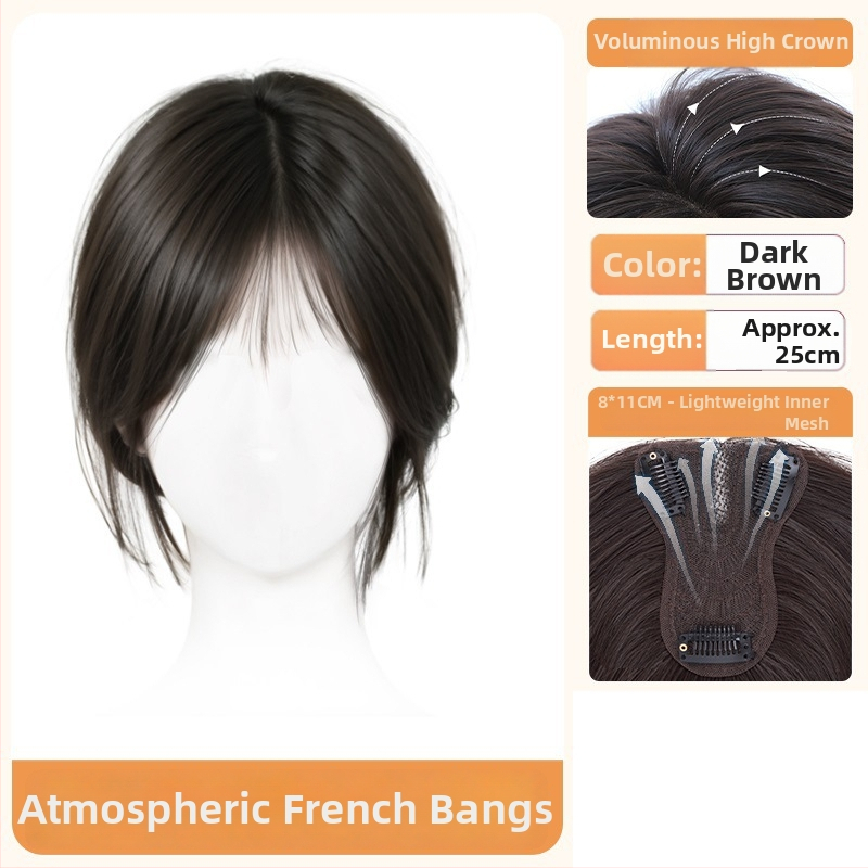 Перука с бретон за жени – обем в короната, покрива посивяване, централно разделен бретон, влакна устойчиви на висока температура, половин ръчно преплетена