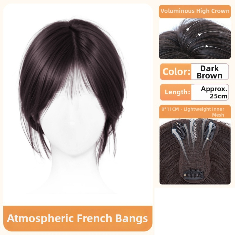 Перука с бретон за жени – обем в короната, покрива посивяване, централно разделен бретон, влакна устойчиви на висока температура, половин ръчно преплетена