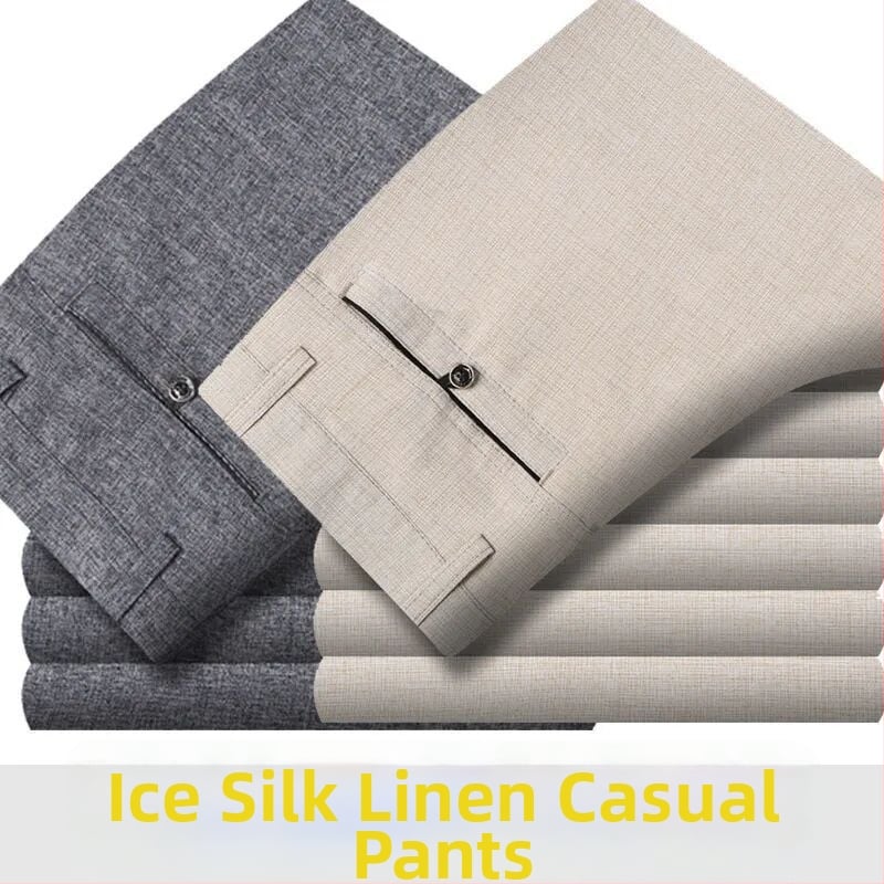 Ανδρικά casual παντελόνια καλοκαιριού από βαμβάκι-λινό, ελαφριά, ψηλή μέση, ίσια γραμμή, φερμουάρ, διαπνοή