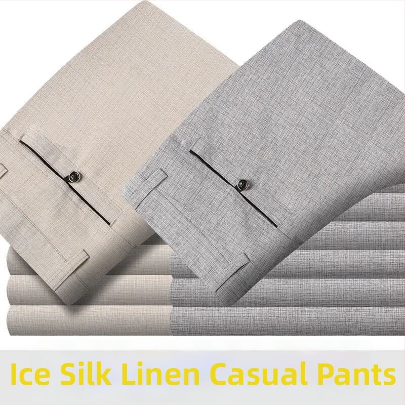 Ανδρικά casual παντελόνια καλοκαιριού από βαμβάκι-λινό, ελαφριά, ψηλή μέση, ίσια γραμμή, φερμουάρ, διαπνοή