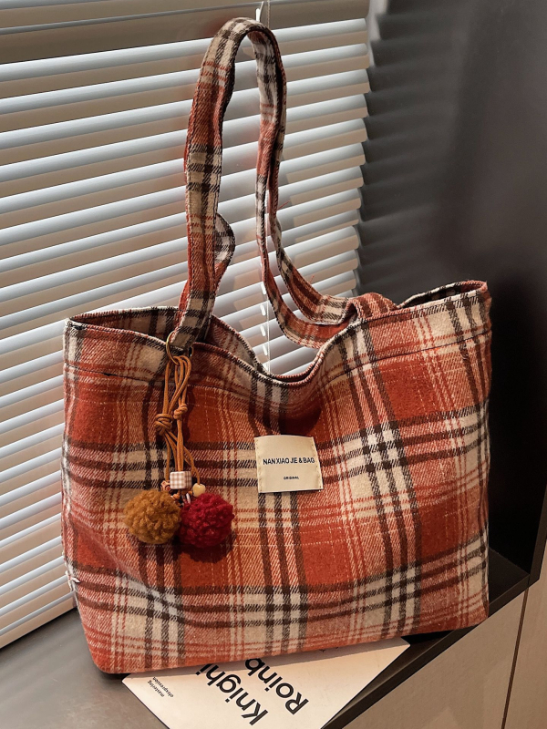 Ženska tote torba, europsko-američki retro stil, vuneni materijal, džep za prijenosno računalo, magnetska kopča, jedna naramenica