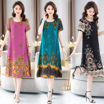 Rochie lungă imprimată din bumbac-satén, în linie A, cu guler rotund