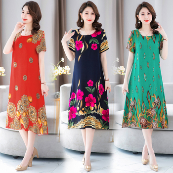 Rochie lungă imprimată din bumbac-satén, în linie A, cu guler rotund