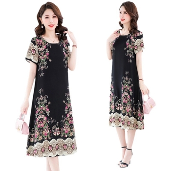 Rochie lungă imprimată din bumbac-satén, în linie A, cu guler rotund