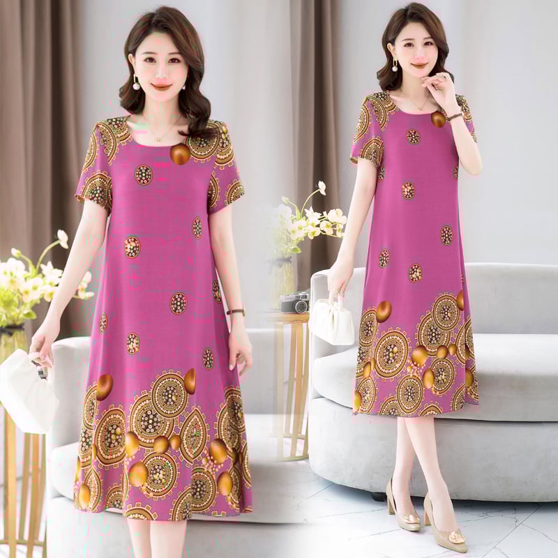 Rochie lungă imprimată din bumbac-satén, în linie A, cu guler rotund