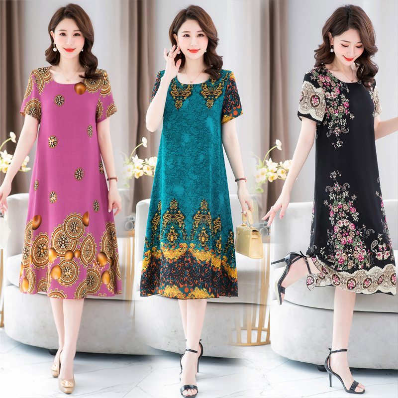 Rochie lungă imprimată din bumbac-satén, în linie A, cu guler rotund