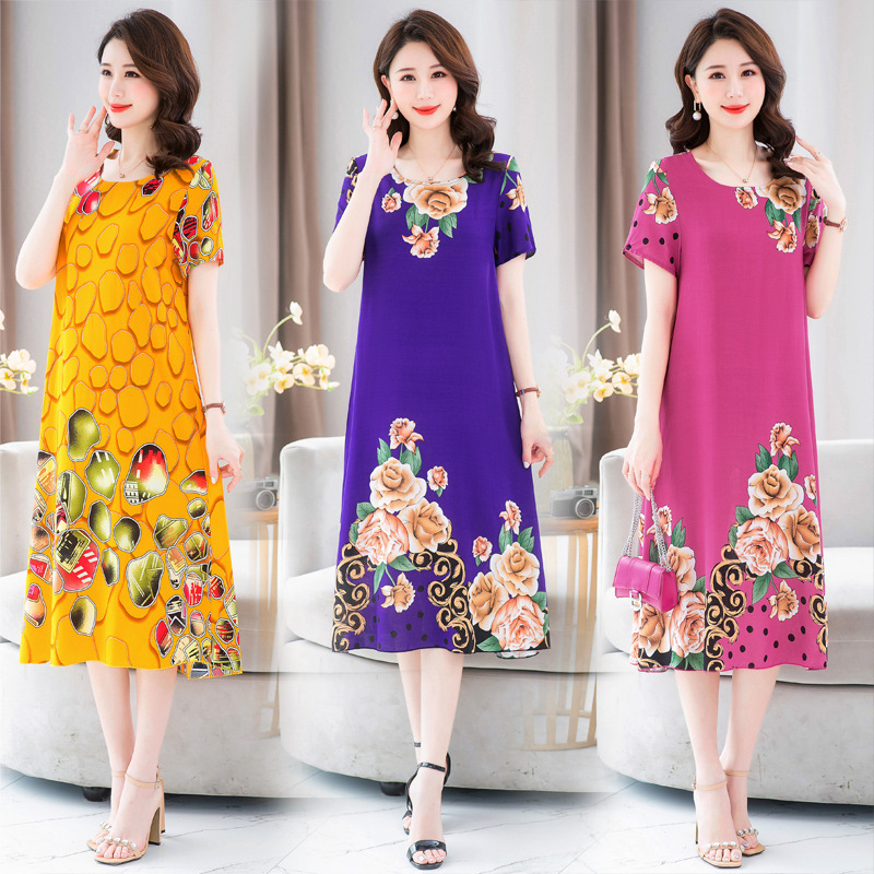 Rochie lungă imprimată din bumbac-satén, în linie A, cu guler rotund