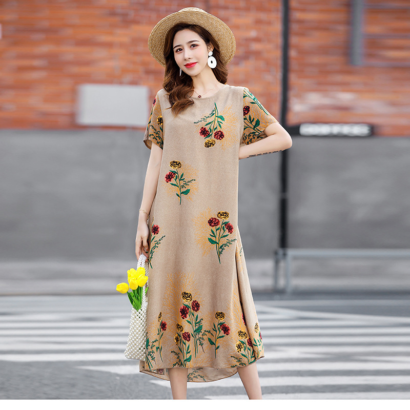 Rochie lungă imprimată din bumbac-satén, în linie A, cu guler rotund