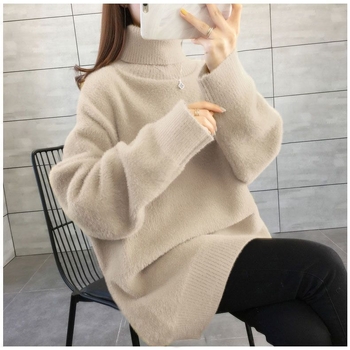 Πλεκτό πουλόβερ με ψηλό γιακά, χαλαρή γραμμή, μεσαίου μήκους, υφή ψεύτικης γούνας μίνκ, ανάμειξη μαλλιού αρνιού και μεταξιού-πάγου (Άνοιξη 2025)