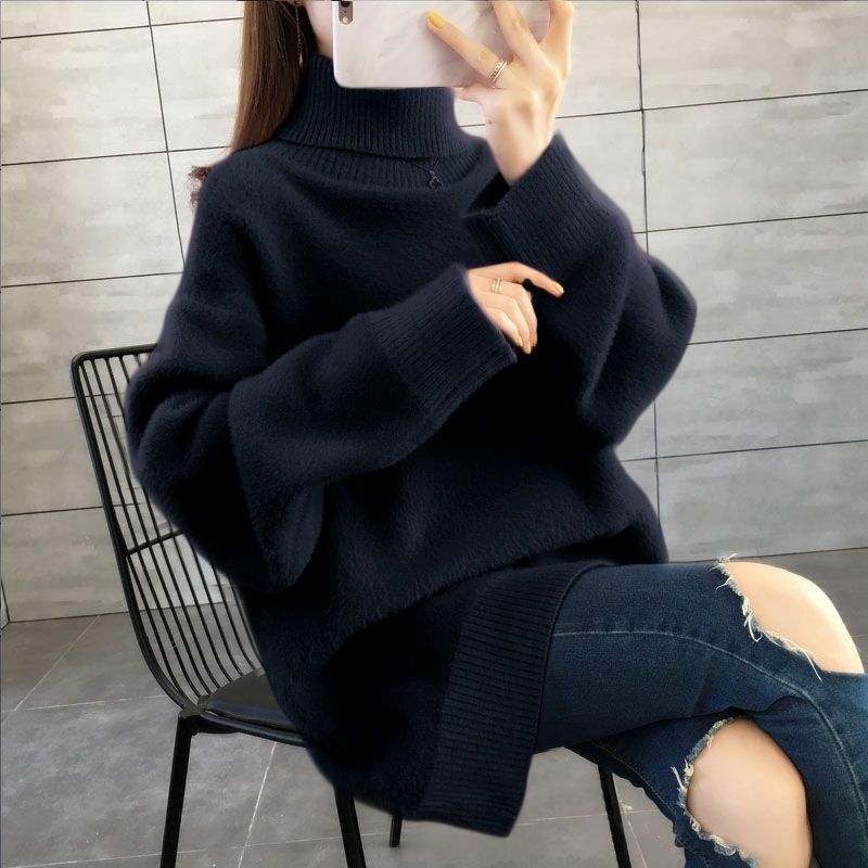 Πλεκτό πουλόβερ με ψηλό γιακά, χαλαρή γραμμή, μεσαίου μήκους, υφή ψεύτικης γούνας μίνκ, ανάμειξη μαλλιού αρνιού και μεταξιού-πάγου (Άνοιξη 2025)