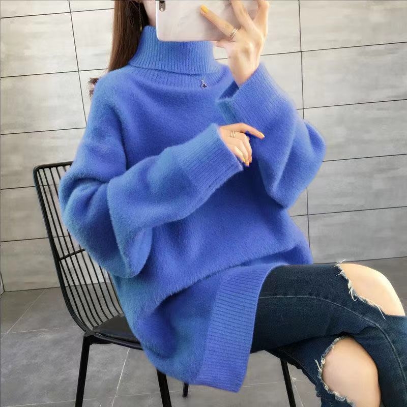 Πλεκτό πουλόβερ με ψηλό γιακά, χαλαρή γραμμή, μεσαίου μήκους, υφή ψεύτικης γούνας μίνκ, ανάμειξη μαλλιού αρνιού και μεταξιού-πάγου (Άνοιξη 2025)