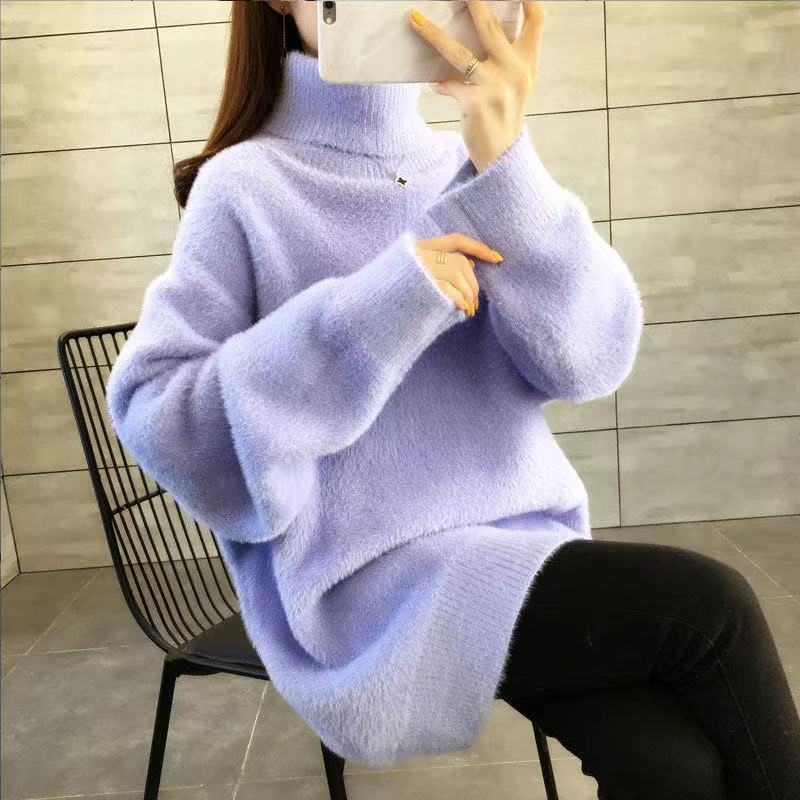 Πλεκτό πουλόβερ με ψηλό γιακά, χαλαρή γραμμή, μεσαίου μήκους, υφή ψεύτικης γούνας μίνκ, ανάμειξη μαλλιού αρνιού και μεταξιού-πάγου (Άνοιξη 2025)