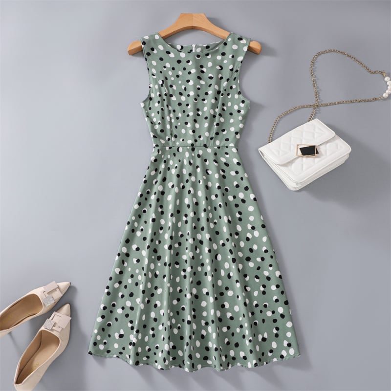 Rochie fără mâneci, până la genunchi, imprimeu floral, croi A-line, poliester