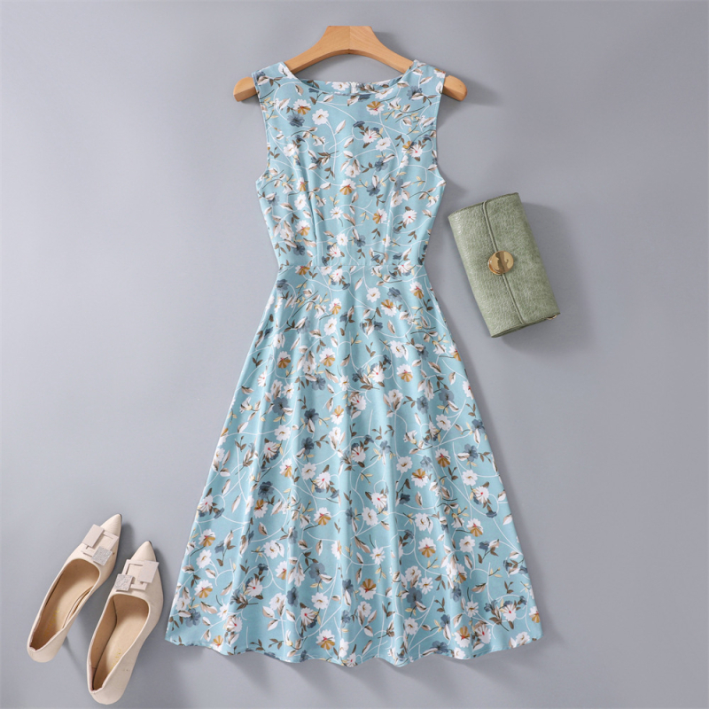 Rochie fără mâneci, până la genunchi, imprimeu floral, croi A-line, poliester