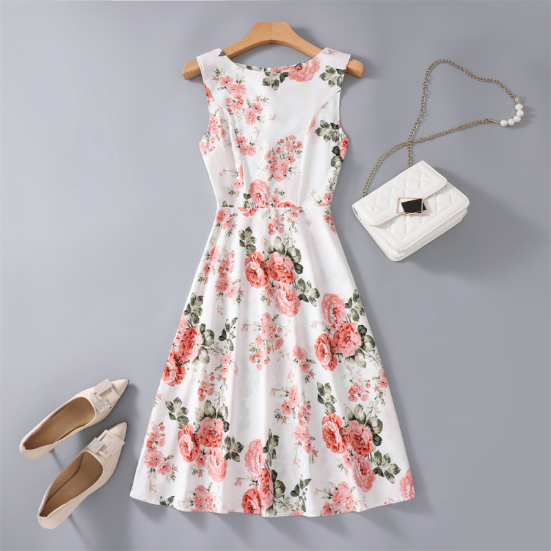 Rochie fără mâneci, până la genunchi, imprimeu floral, croi A-line, poliester