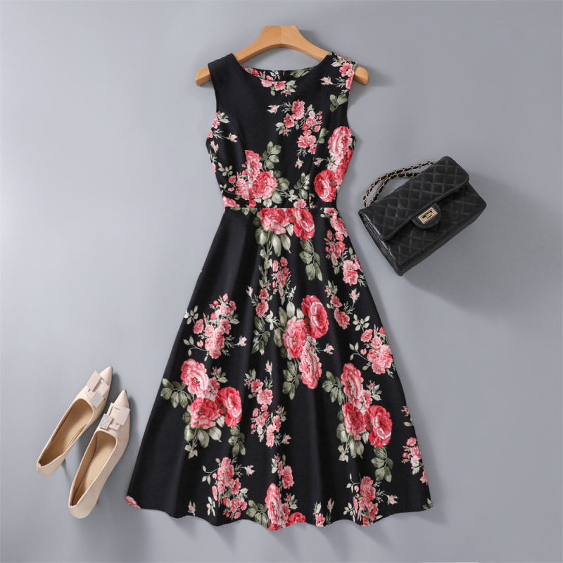 Rochie fără mâneci, până la genunchi, imprimeu floral, croi A-line, poliester