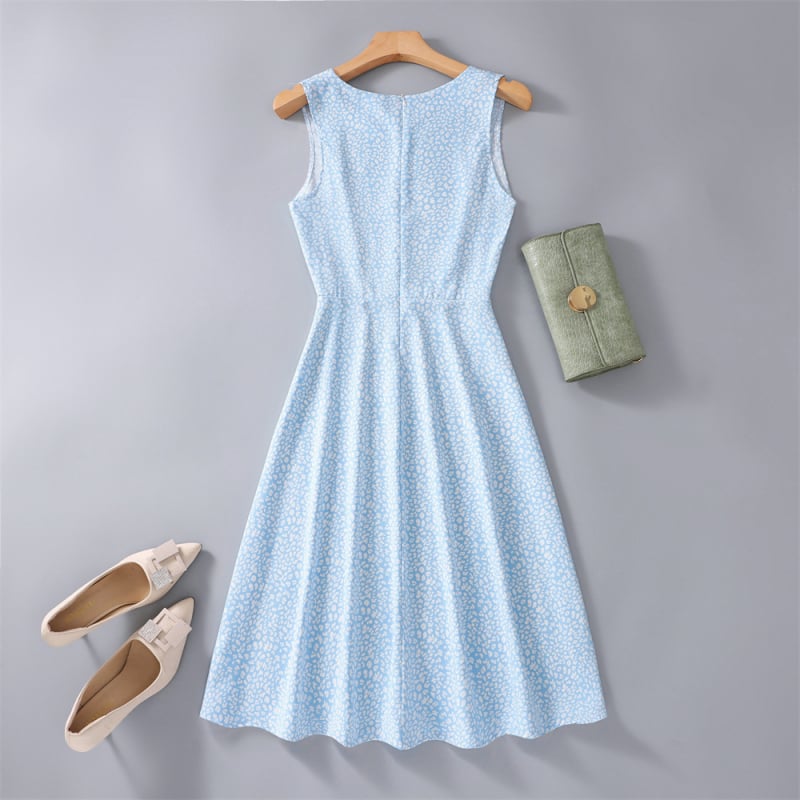 Rochie fără mâneci, până la genunchi, imprimeu floral, croi A-line, poliester