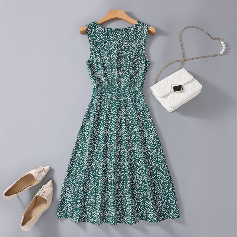 Rochie fără mâneci, până la genunchi, imprimeu floral, croi A-line, poliester