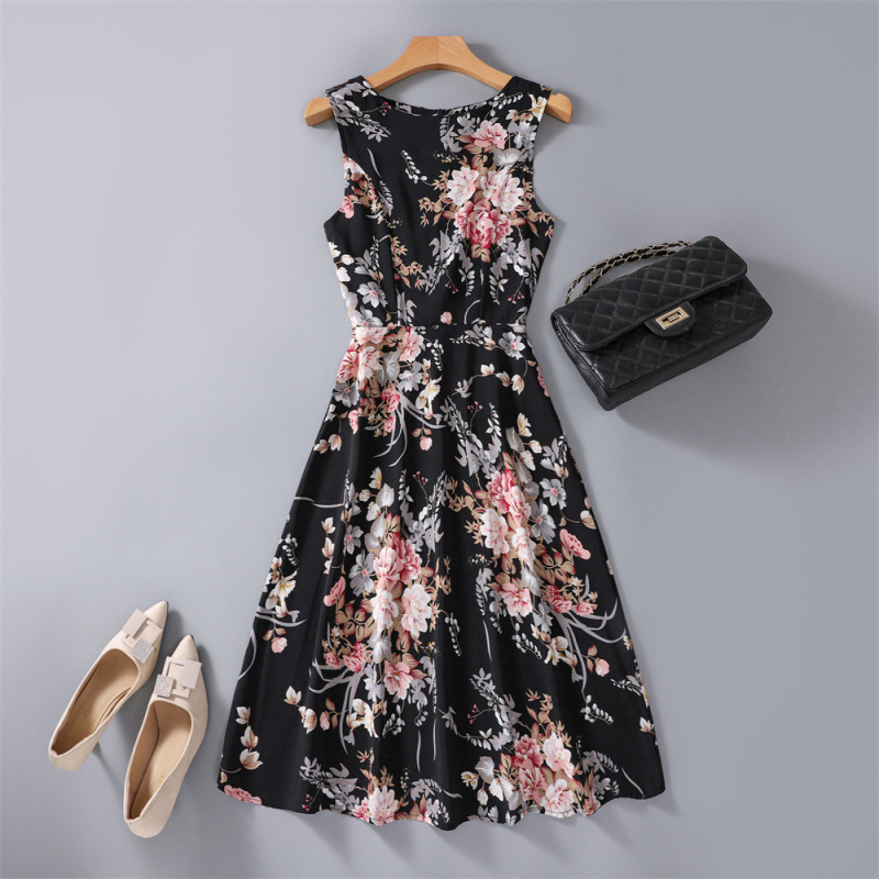 Rochie fără mâneci, până la genunchi, imprimeu floral, croi A-line, poliester