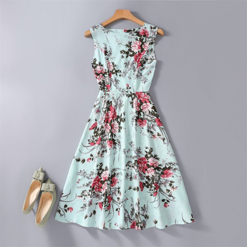 Rochie fără mâneci, până la genunchi, imprimeu floral, croi A-line, poliester