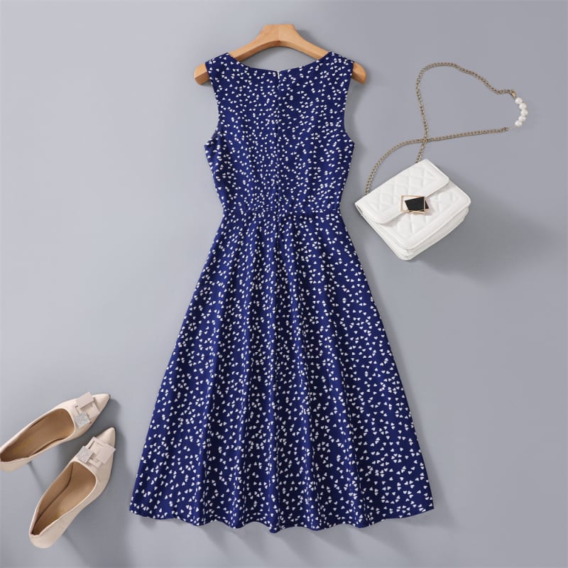 Rochie fără mâneci, până la genunchi, imprimeu floral, croi A-line, poliester