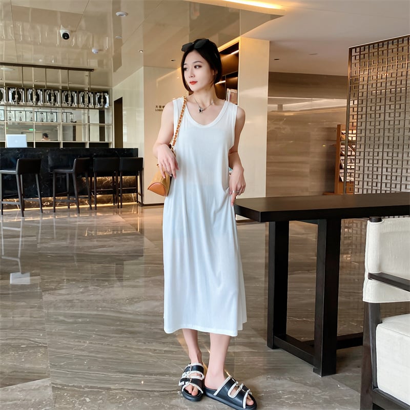 Rochie de maternitate, A-line, fără mâneci, Modal cu Spandex, guler în formă de U, culoare solidă