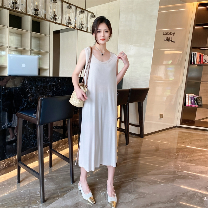 Rochie de maternitate, A-line, fără mâneci, Modal cu Spandex, guler în formă de U, culoare solidă