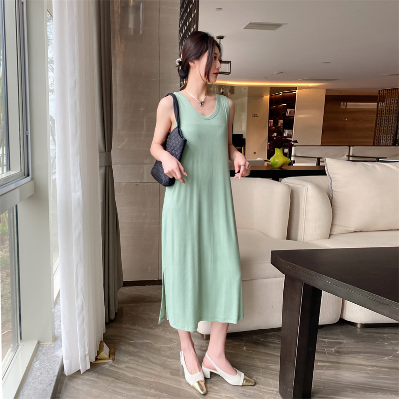 Rochie de maternitate, A-line, fără mâneci, Modal cu Spandex, guler în formă de U, culoare solidă