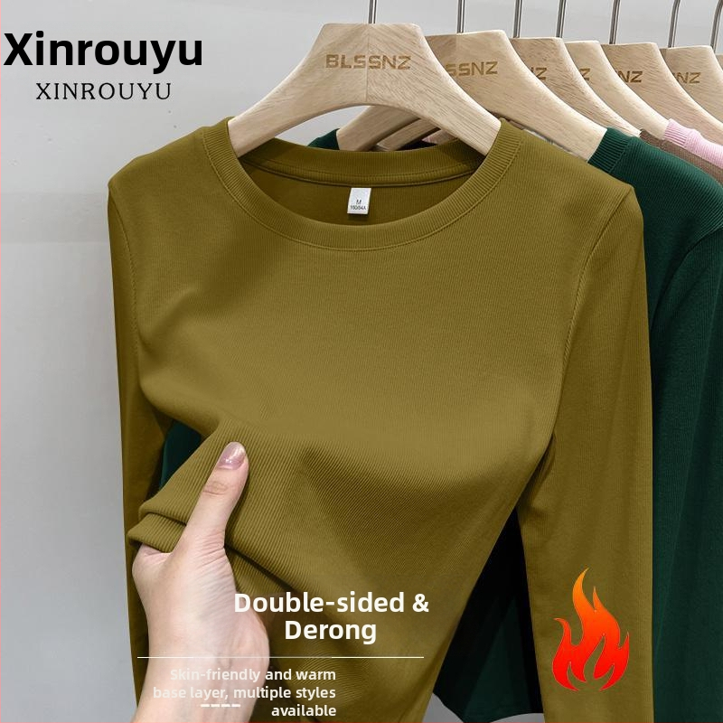 Μπλουζάκι με μακριά μανίκια, στρογγυλή λαιμόκοψη, βουρτσισμένος πολυεστέρας, μονόχρωμο, στενή εφαρμογή, άνοιξη 2025