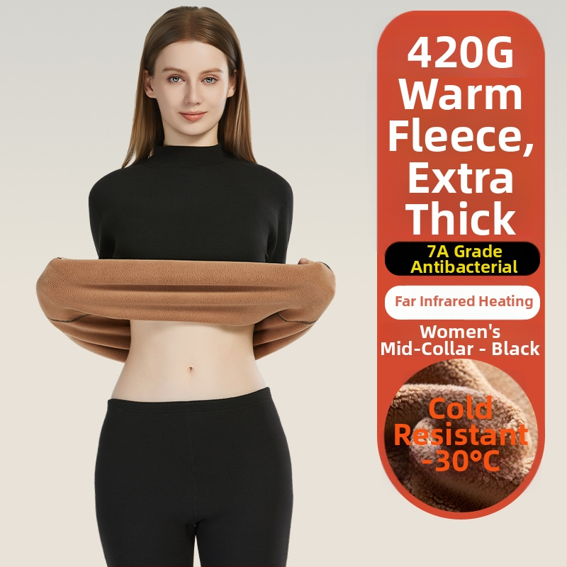 Set termic unisex din lambswool, grosime 420 g, antibacterian, țesătură dublă, cu glugă