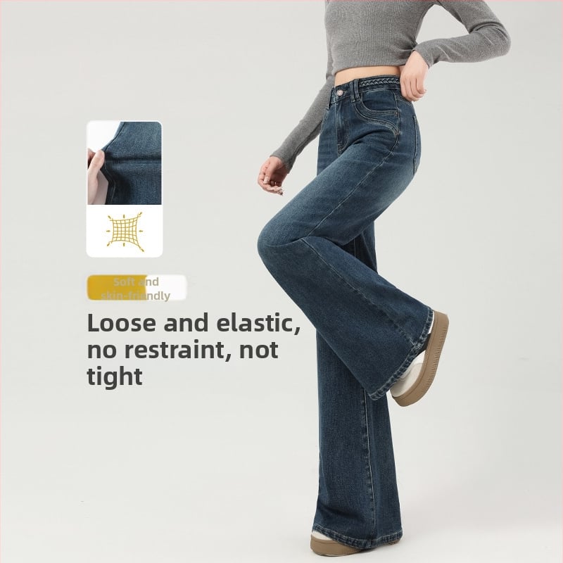 Jeansi evazați cu fleece, talie medie, denim gros, finisaj spălat, pentru femei