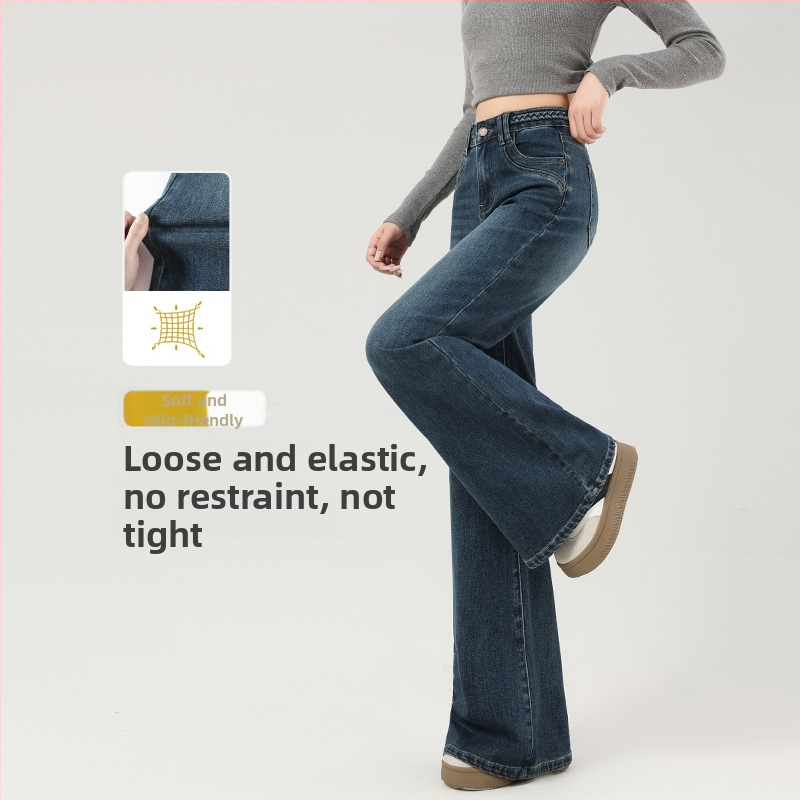 Jeansi evazați cu fleece, talie medie, denim gros, finisaj spălat, pentru femei