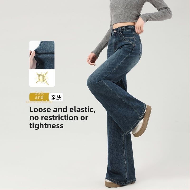 Jeansi evazați cu fleece, talie medie, denim gros, finisaj spălat, pentru femei