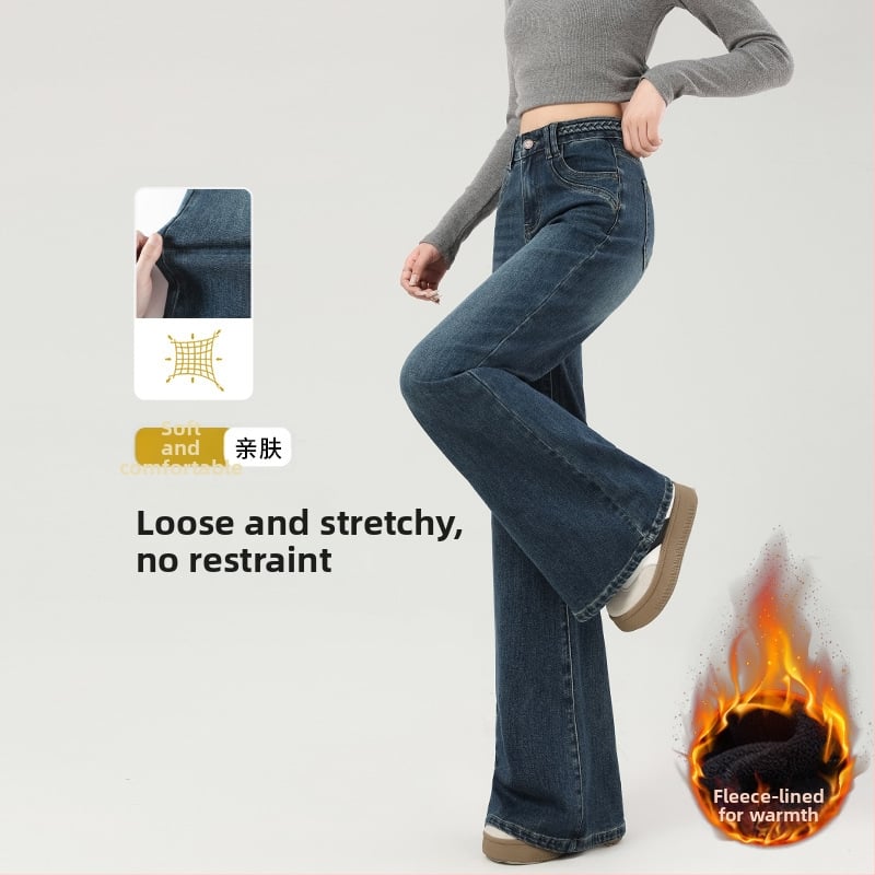 Jeansi evazați cu fleece, talie medie, denim gros, finisaj spălat, pentru femei