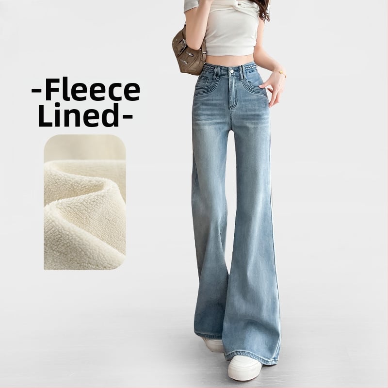 Jeansi evazați cu fleece, talie medie, denim gros, finisaj spălat, pentru femei