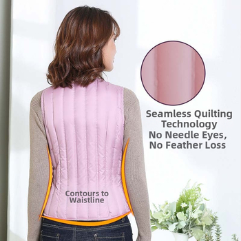 Γυναικείο κοντό γιλέκο με πούπουλα, λεπτό και εφαρμοστό, χωρίς μανίκια χωρίς γιακά; γέμισμα: πούπουλο από λευκή πάπια; εξωτερικό ύφασμα: 100% πολυεστέρας; επένδυση: πολυεστέρας; μήκος: 40–50 cm