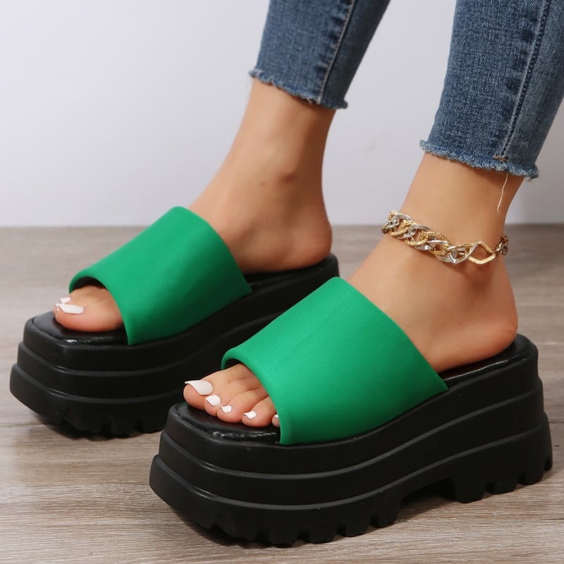 Дамски платформи с дебел под – сандали с рибешки нос, PU горна част, PU вътрешност, гумена подметка, за лятото