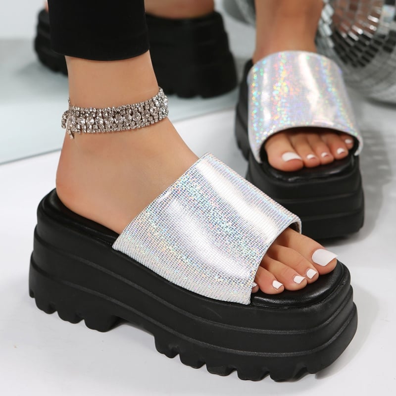 Дамски платформи с дебел под – сандали с рибешки нос, PU горна част, PU вътрешност, гумена подметка, за лятото