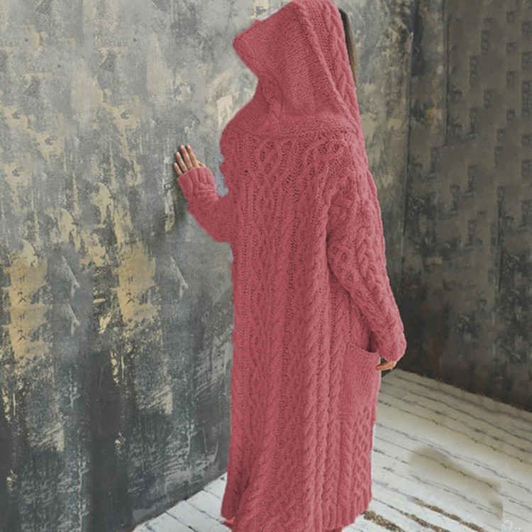 Μακριά γυναικεία ζακέτα με κουκούλα και λεπτομέρεια πλεκτής πλέξης, παχιά πλέξη, μίξη πολυεστέρα-ακρυλικού, μονόχρωμη