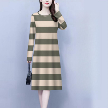 Šaty A-line so vzorom prúžkov, stredná dĺžka, dlhé rukávy, okrúhly výstrih