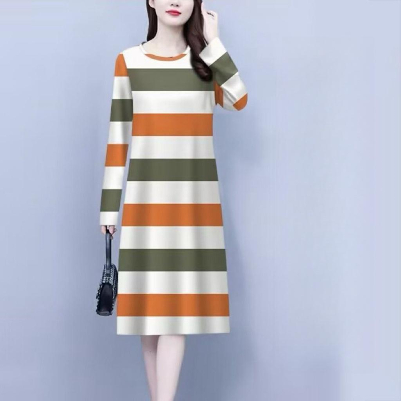 Šaty A-line so vzorom prúžkov, stredná dĺžka, dlhé rukávy, okrúhly výstrih