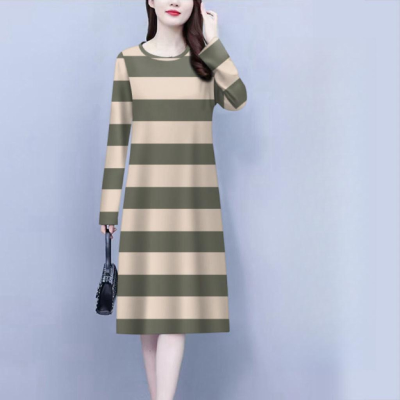 Šaty A-line so vzorom prúžkov, stredná dĺžka, dlhé rukávy, okrúhly výstrih