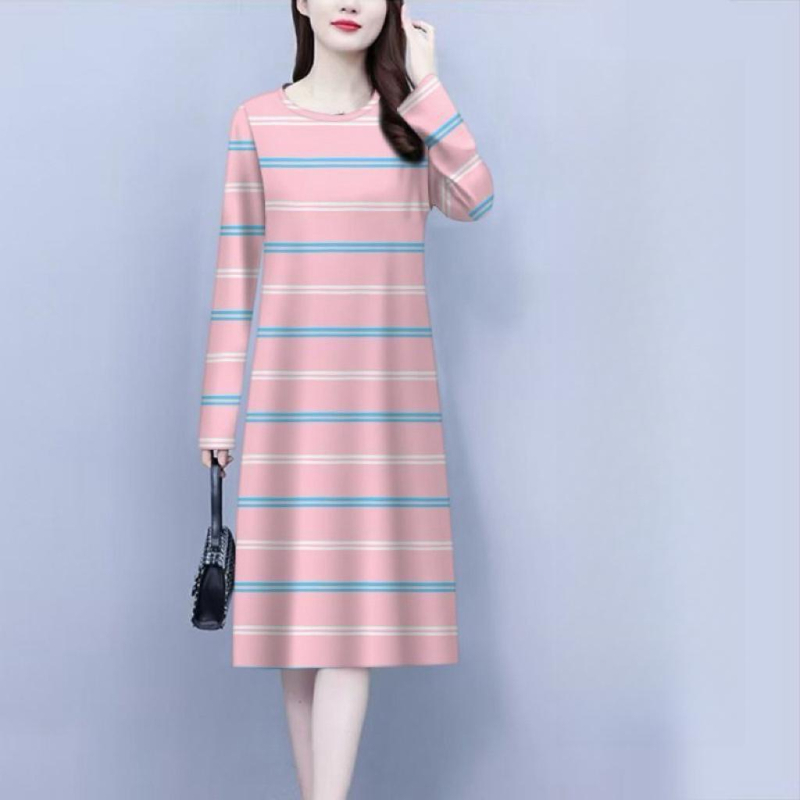 Šaty A-line so vzorom prúžkov, stredná dĺžka, dlhé rukávy, okrúhly výstrih