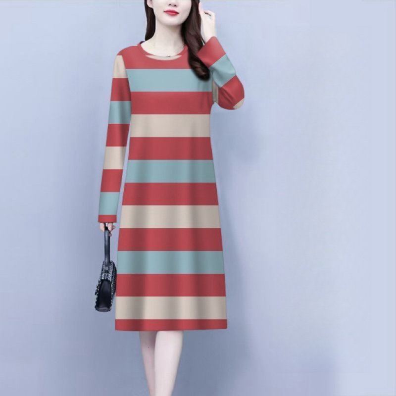 Šaty A-line so vzorom prúžkov, stredná dĺžka, dlhé rukávy, okrúhly výstrih