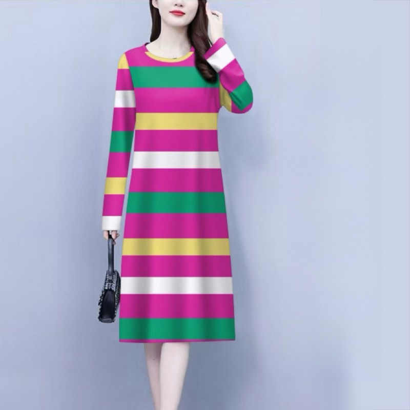 Šaty A-line so vzorom prúžkov, stredná dĺžka, dlhé rukávy, okrúhly výstrih