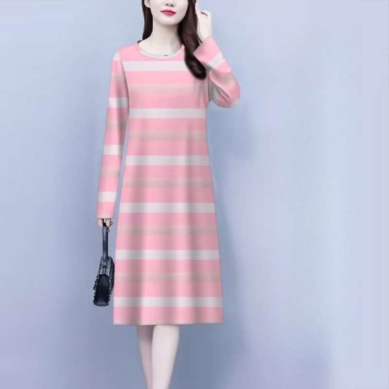 Šaty A-line so vzorom prúžkov, stredná dĺžka, dlhé rukávy, okrúhly výstrih