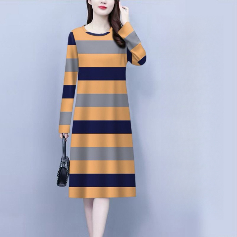 Šaty A-line so vzorom prúžkov, stredná dĺžka, dlhé rukávy, okrúhly výstrih