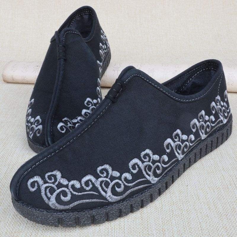 Γυναικείες φλατ με ντένιμ επάνω, κέντημα, στρογγυλό δάχτυλο, ρηχό άνοιγμα, χαμηλό τακούνι 1–3 cm, αναπνέουσα ελαφριά σόλα PVC, βαμβακερή επένδυση