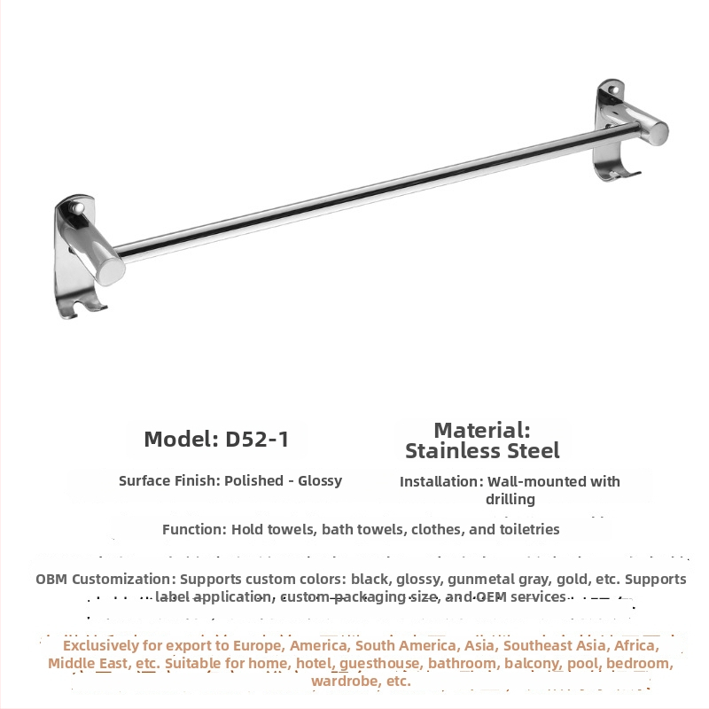 304 rozsdamentes acél törölközőtartó, falra szerelhető, egylábu vagy kettős rúddal, polírozott felület, 2 rétegű tárolás