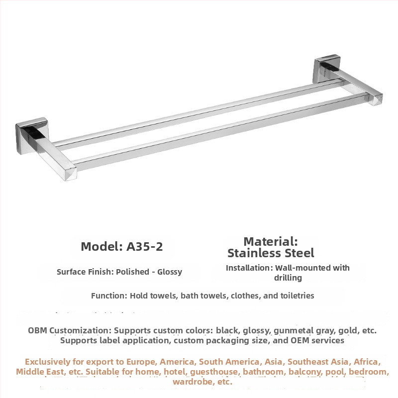 304 rozsdamentes acél törölközőtartó, falra szerelhető, egylábu vagy kettős rúddal, polírozott felület, 2 rétegű tárolás